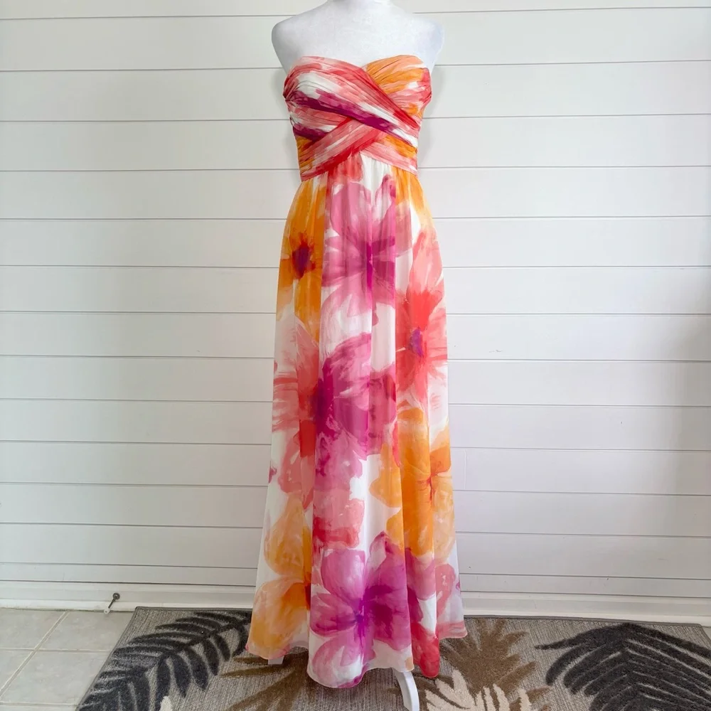 Ralph Lauren Evening Floral Maxi strapless Dress in Pink and Orange Size 2